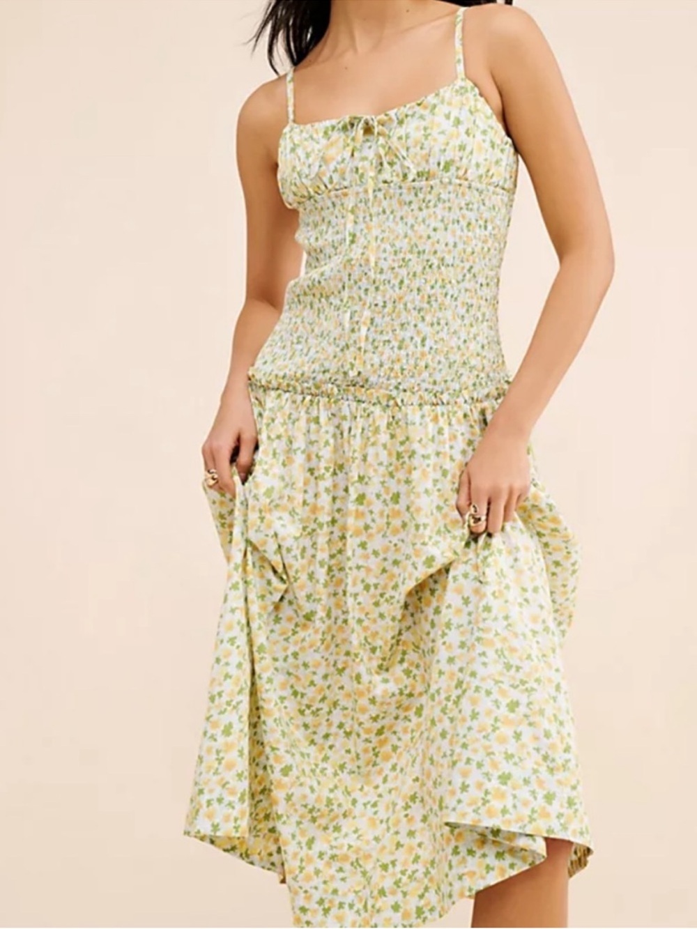 NWT Free People Floral Smocked Midi Dress M Milkmaid Prairie Cottagecore Boho